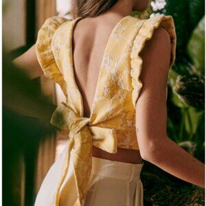 Sezane Yellow Floral Tie-Back Ruffle Crop Top with Bow